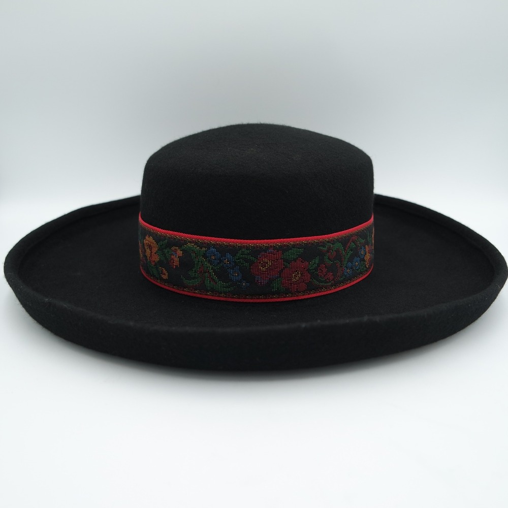 Vintage 100% Wool Black Bolero Hat Wide Floral Band Folk Boho Cottage Western